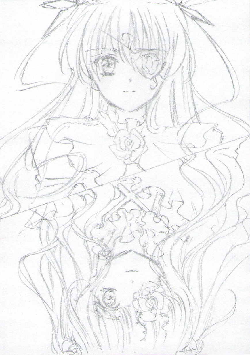 2girls barasuishou flower frills greyscale image kirakishou long_hair looking_at_viewer monochrome multiple_girls pair ribbon rose simple_background sketch smile solo tears traditional_media white_background