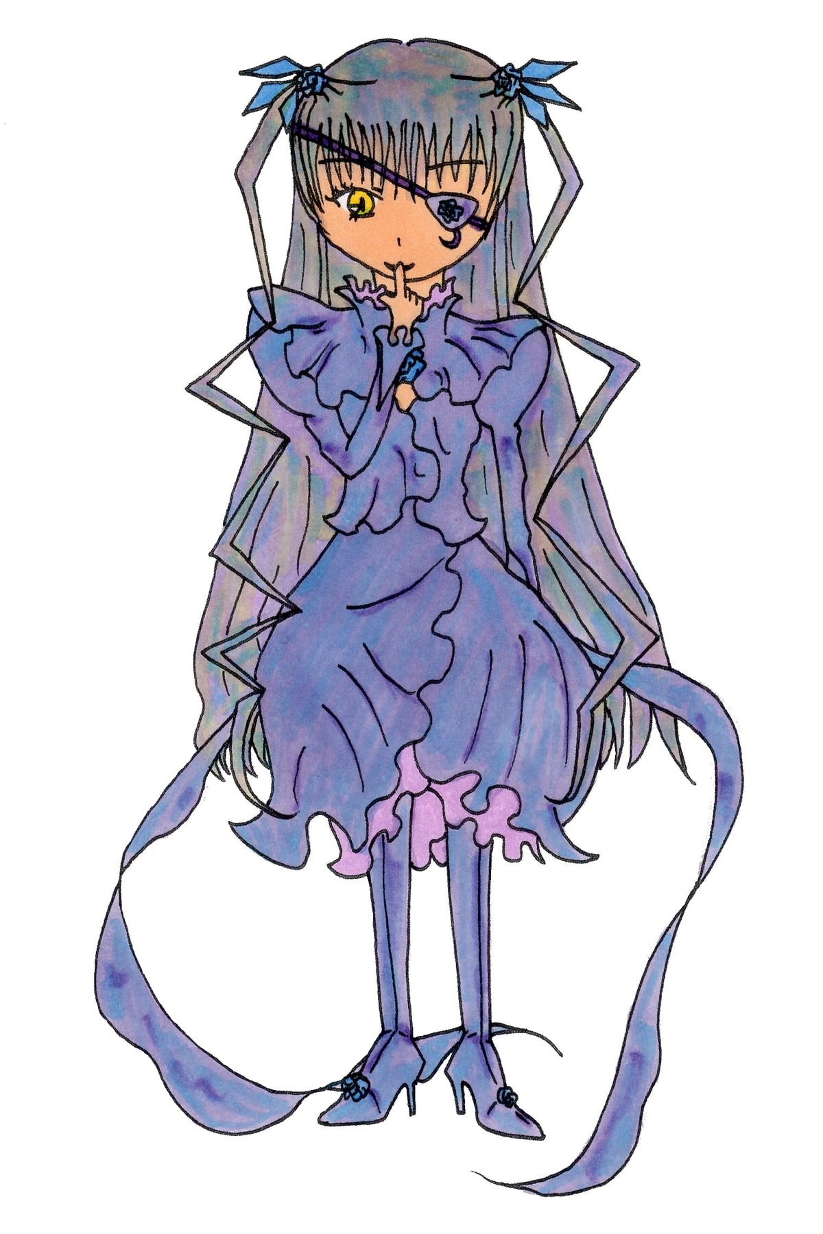 1girl auto_tagged barasuishou bow dress finger_to_mouth full_body image long_hair long_sleeves pantyhose ribbon simple_background solo standing striped vertical_stripes very_long_hair white_background