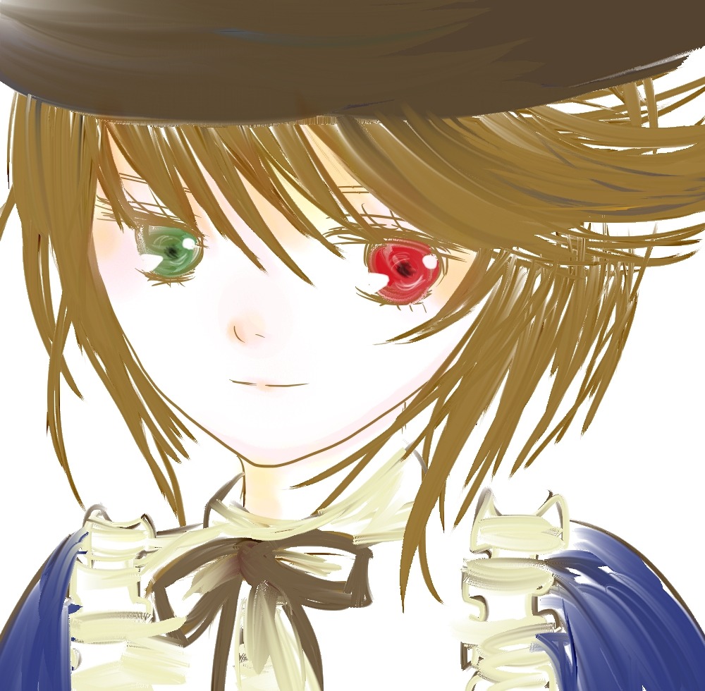 1girl closed_mouth face flower green_eyes hat image looking_at_viewer portrait red_eyes ribbon short_hair simple_background smile solo souseiseki striped white_background