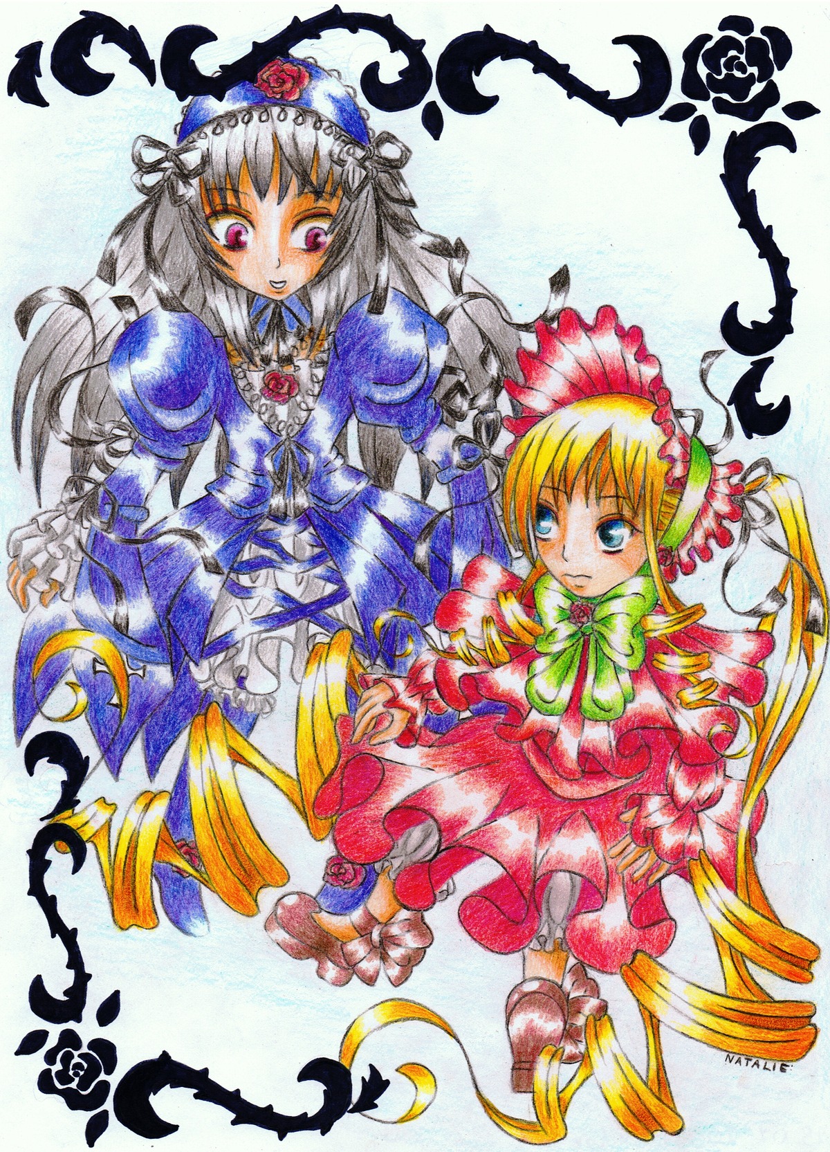 2girls blonde_hair bonnet bow dress drill_hair frills full_body image long_hair long_sleeves looking_at_viewer marker_(medium) multiple_girls pair red_dress rose shinku suigintou traditional_media twin_drills twintails very_long_hair wings