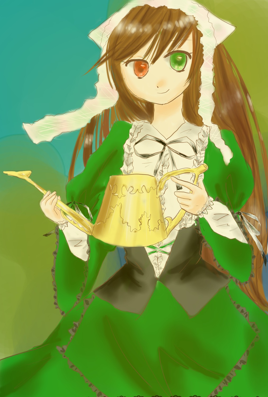 1girl brown_hair dress frills green_dress green_eyes head_scarf heterochromia holding image long_hair long_sleeves looking_at_viewer red_eyes ribbon simple_background smile solo suiseiseki very_long_hair watering_can