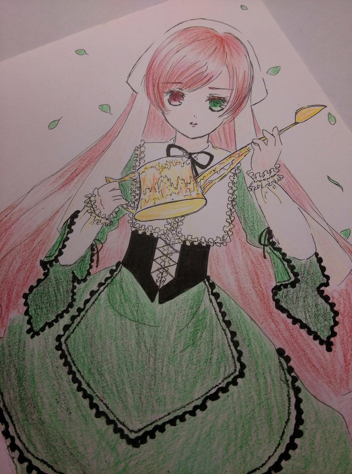 1girl dress frills green_dress green_eyes heterochromia holding image lace leaf long_hair long_sleeves pink_hair red_eyes ribbon solo suiseiseki traditional_media very_long_hair