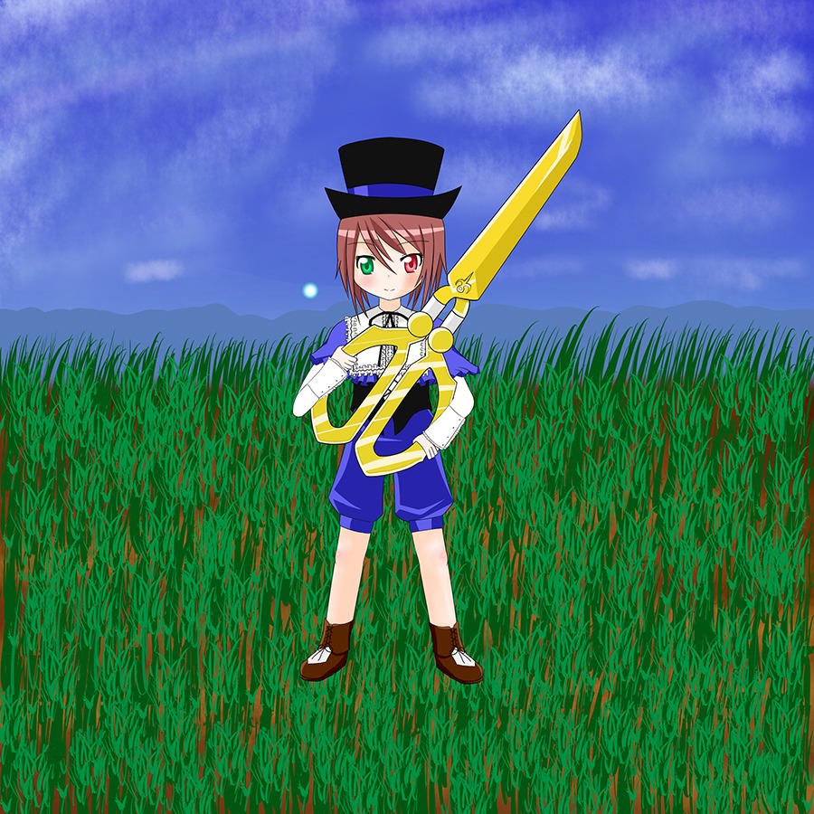 1girl brown_hair cloud field full_body gloves grass green_eyes hat heterochromia image long_sleeves red_eyes short_hair sky solo souseiseki standing top_hat