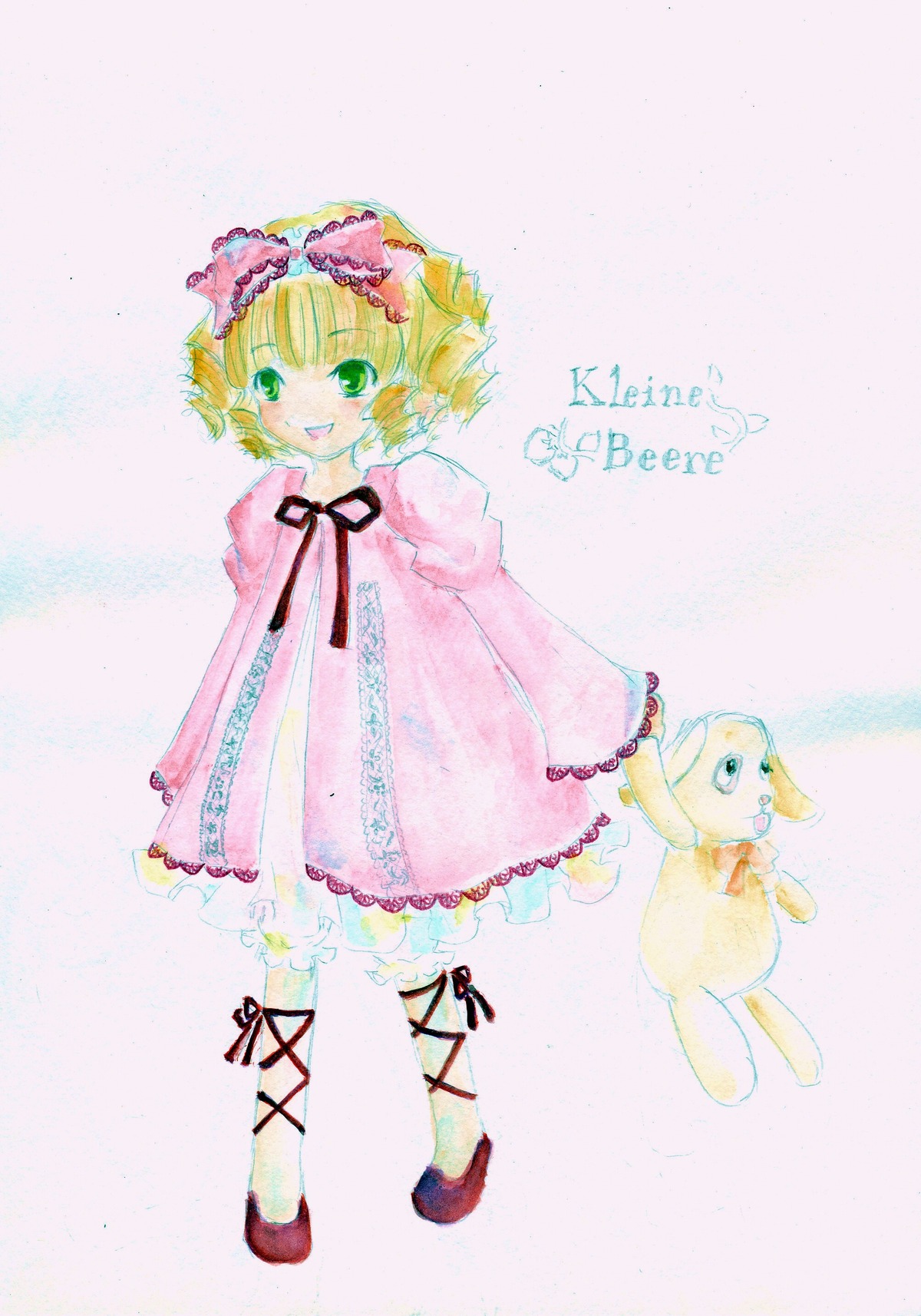 1girl blonde_hair bloomers bow dress frills green_eyes hair_bow hina_ichigo hinaichigo image long_sleeves pink_bow pink_dress ribbon short_hair smile solo standing stuffed_animal underwear