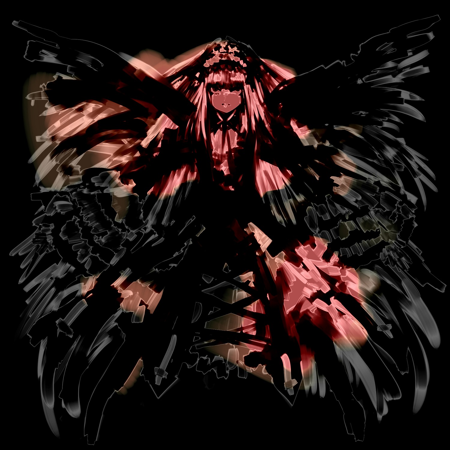 1girl dress full_body holding image long_hair long_sleeves solo suigintou transparent_background very_long_hair wings