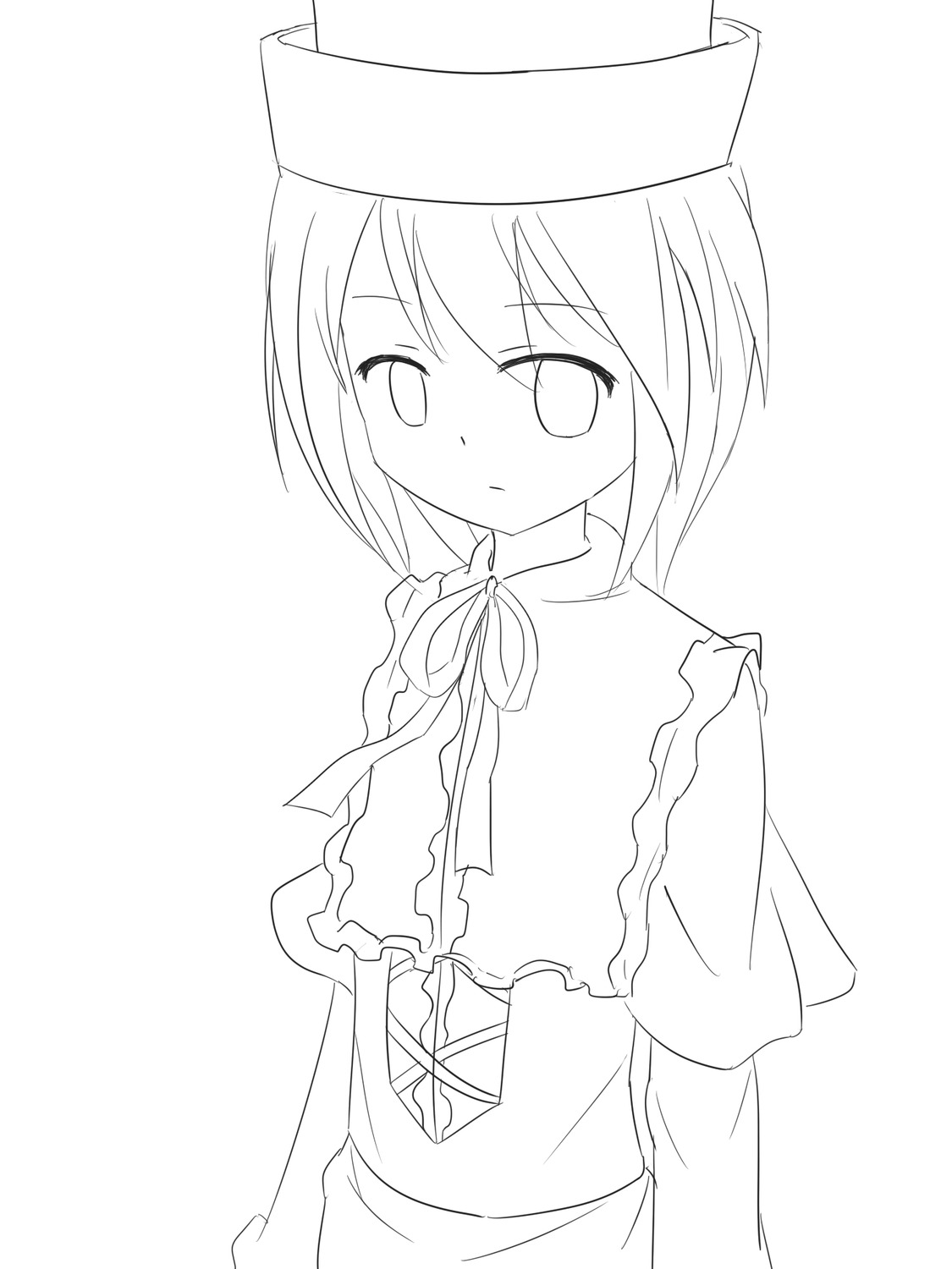 1girl auto_tagged bangs blush closed_mouth eyebrows_visible_through_hair greyscale hat image long_sleeves monochrome neck_ribbon solo souseiseki striped striped_background vertical_stripes