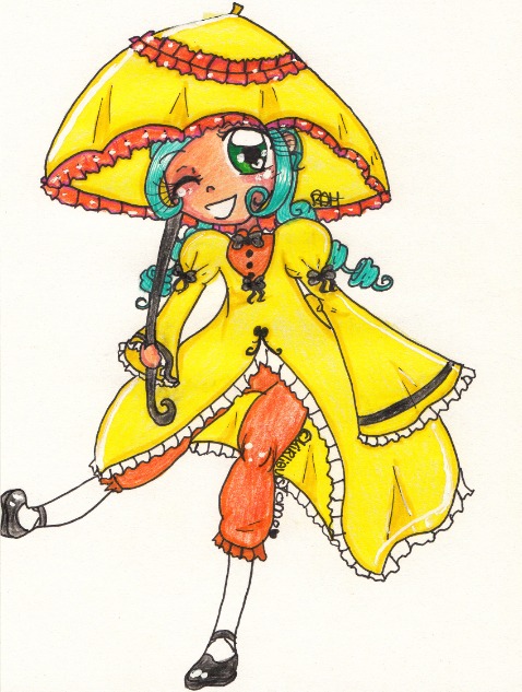 1girl bloomers dress frills full_body green_eyes green_hair holding_umbrella image kanaria long_sleeves one_eye_closed open_mouth parasol shoes smile solo standing traditional_media umbrella underwear