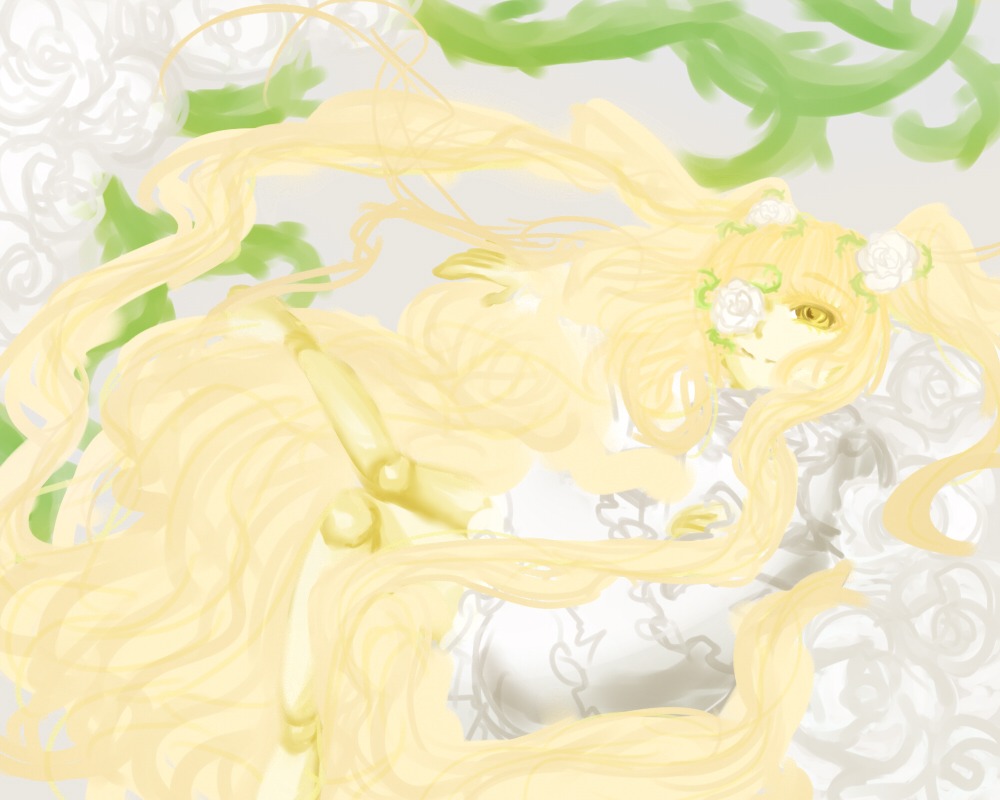 1girl blonde_hair dress flower hair_flower hair_ornament image kirakishou long_hair plant rose solo thorns very_long_hair vines white_flower white_rose yellow_eyes yellow_rose