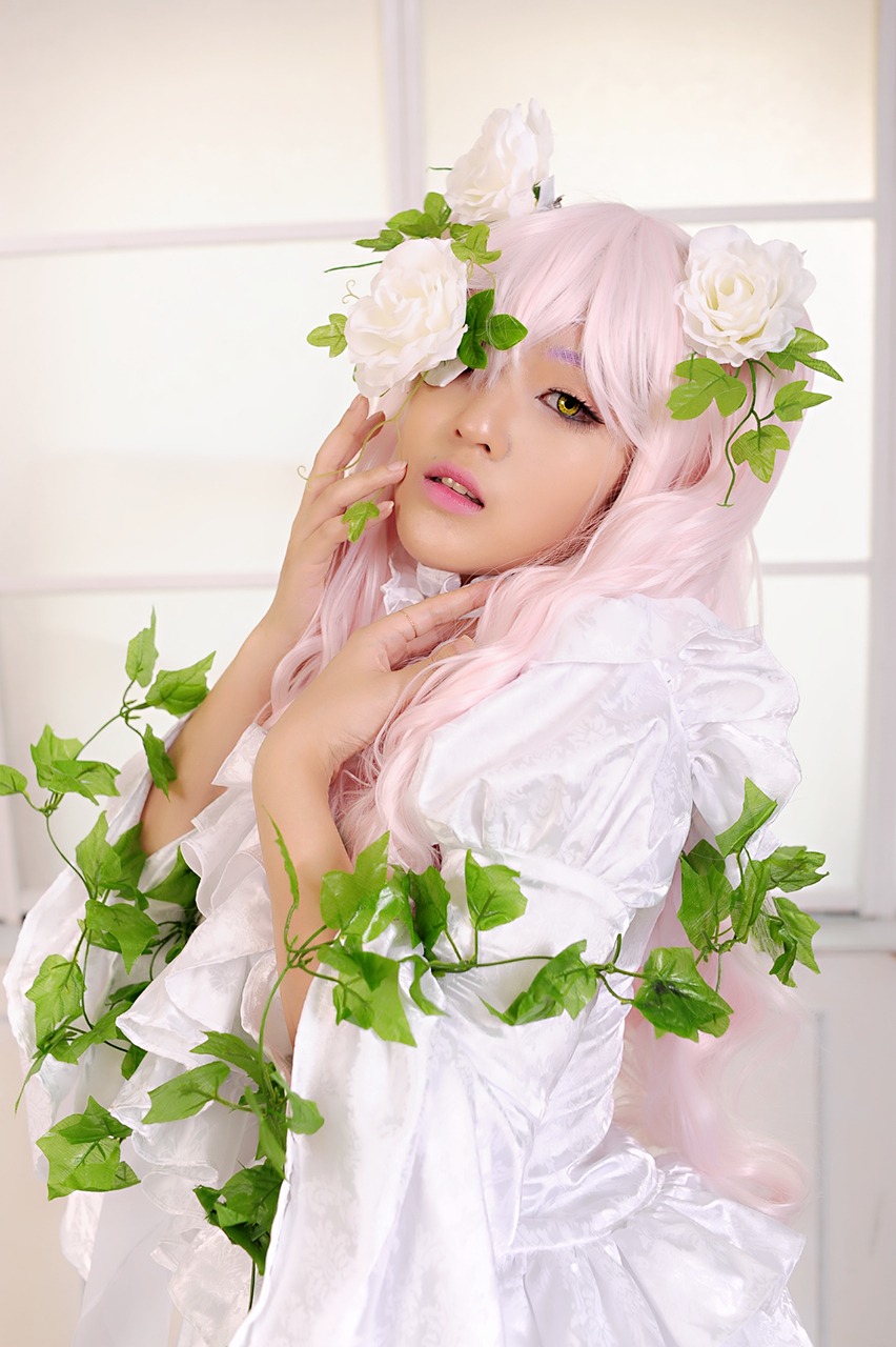 1girl dress flower kirakishou leaf lips long_hair looking_at_viewer parted_lips pink_hair plant solo vines white_dress white_flower white_rose window