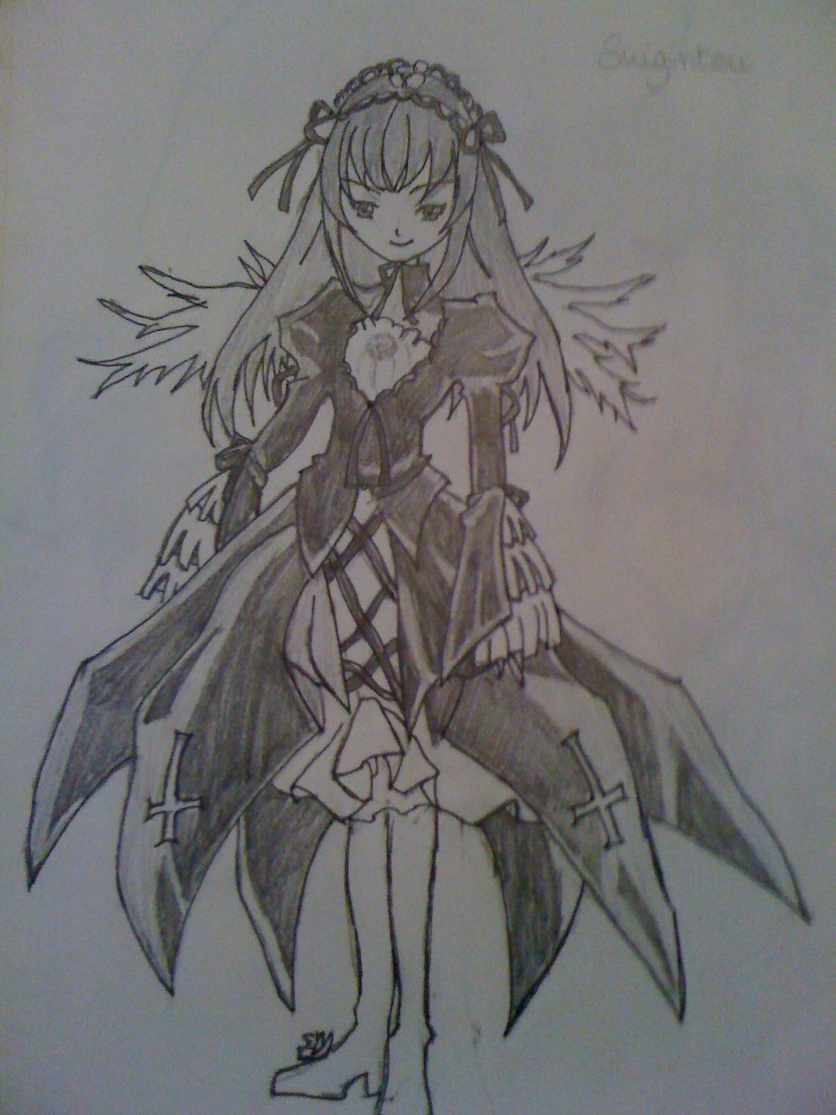 1girl boots dress full_body hairband image long_hair long_sleeves looking_at_viewer monochrome rose simple_background smile solo standing suigintou thighhighs traditional_media wings