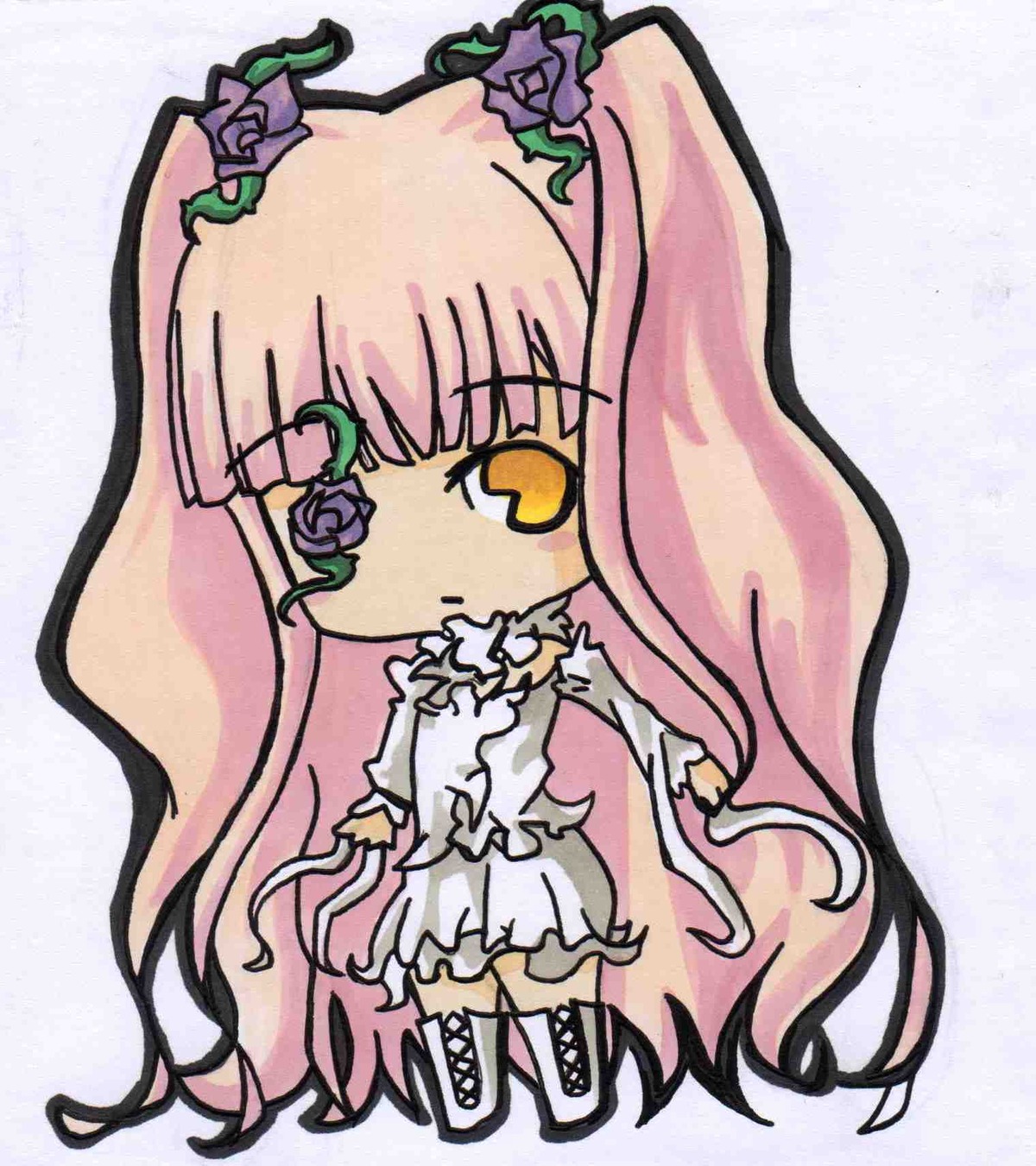 1girl bangs boots chibi cross-laced_footwear dress flower full_body image kirakishou long_hair long_sleeves pink_hair plant purple_flower rose solo standing thigh_boots thorns very_long_hair vines white_dress yellow_eyes