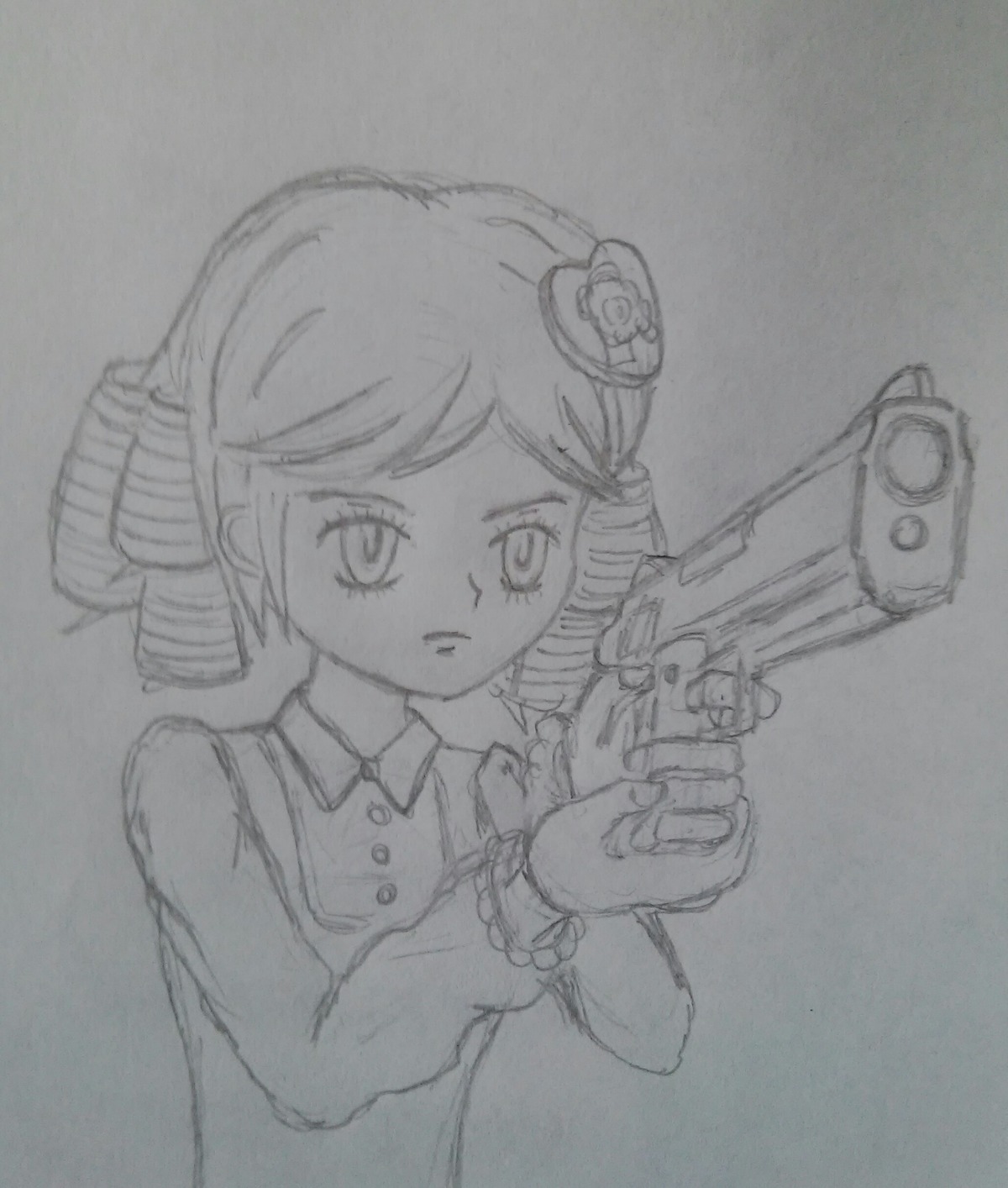 1girl drill_hair greyscale gun hair_ornament handgun holding holding_gun holding_weapon image kanaria long_sleeves monochrome photo pistol revolver solo traditional_media twin_drills upper_body weapon
