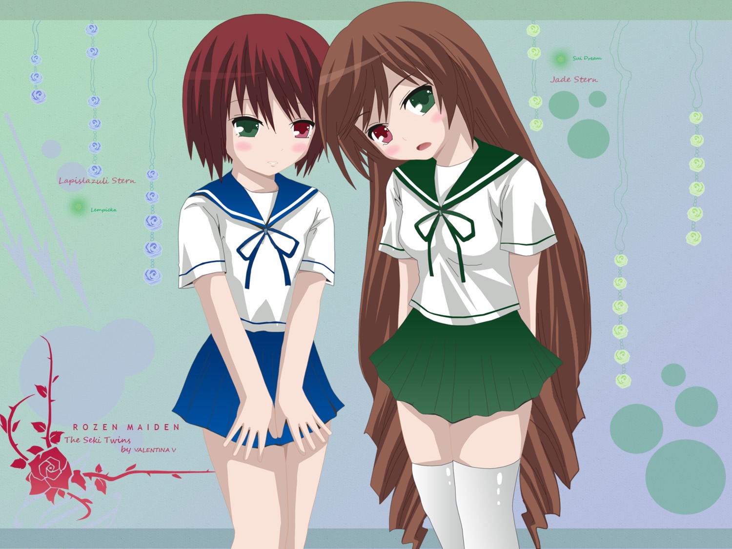 2girls blush brown_hair green_background green_eyes heterochromia image long_hair multiple_girls open_mouth pair pleated_skirt red_eyes school_uniform serafuku short_hair siblings sisters skirt souseiseki suiseiseki thighhighs twins very_long_hair white_legwear zettai_ryouiki