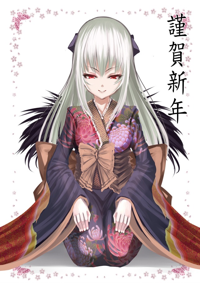 1girl auto_tagged commentary_request floral_print image japanese_clothes kimono long_hair looking_at_viewer obi red_eyes rozen_maiden sash sayagata seiza shiokonbu silver_hair sitting smile solo suigintou