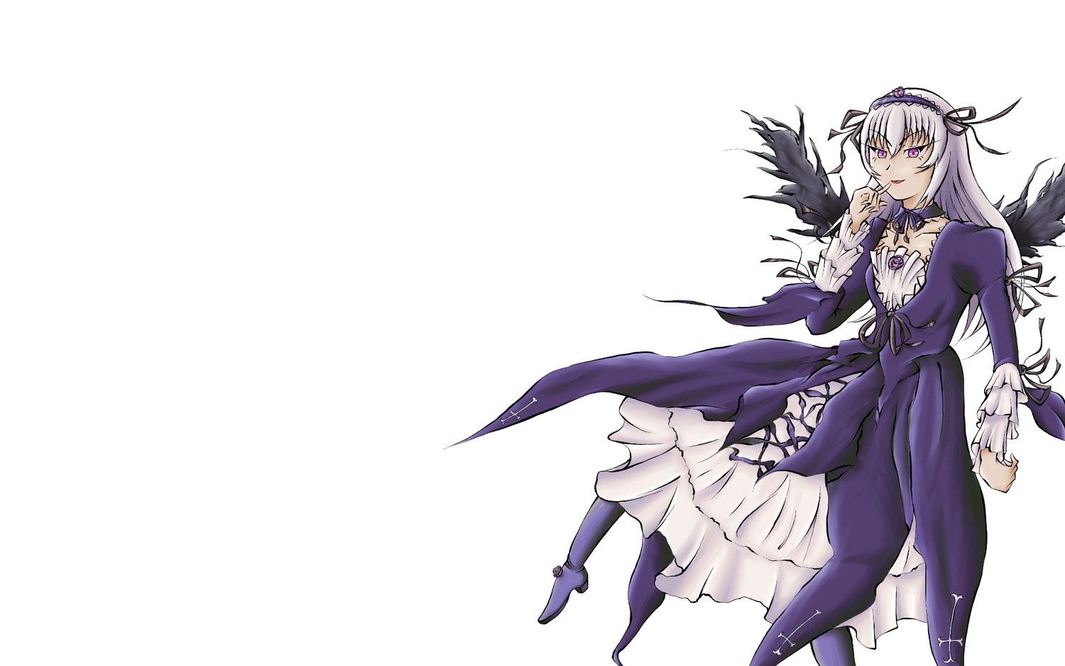 1girl black_wings dress feathers flower hairband image long_hair long_sleeves looking_at_viewer ribbon silver_hair simple_background solo suigintou white_background wings