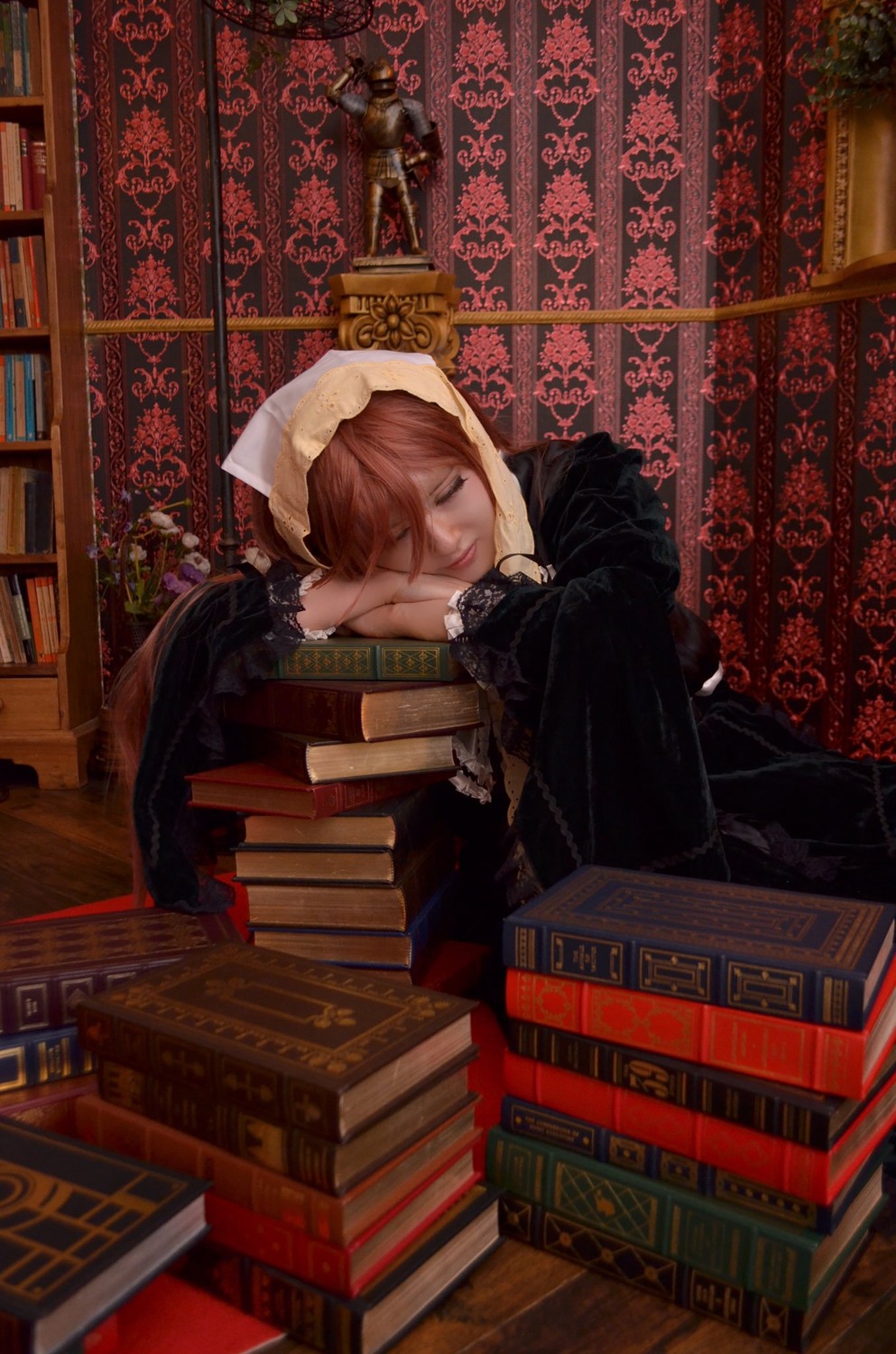 1girl black_dress book bookshelf dress flower habit nun sitting solo suiseiseki veil wings