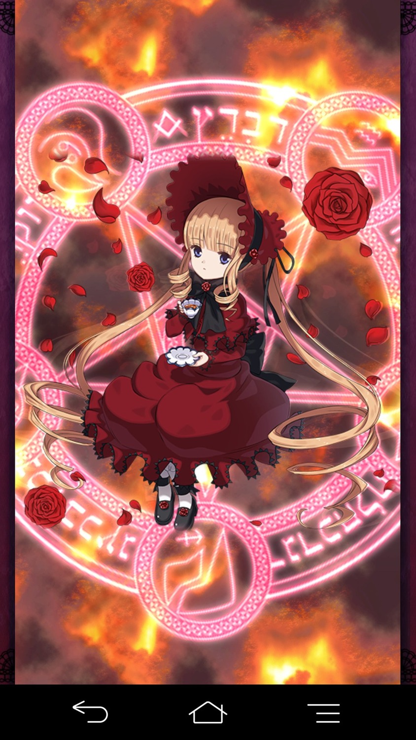 1girl blonde_hair blue_eyes bonnet bow dress flower image long_hair magic_circle petals red_dress red_flower red_rose rose rose_petals shinku solo twintails