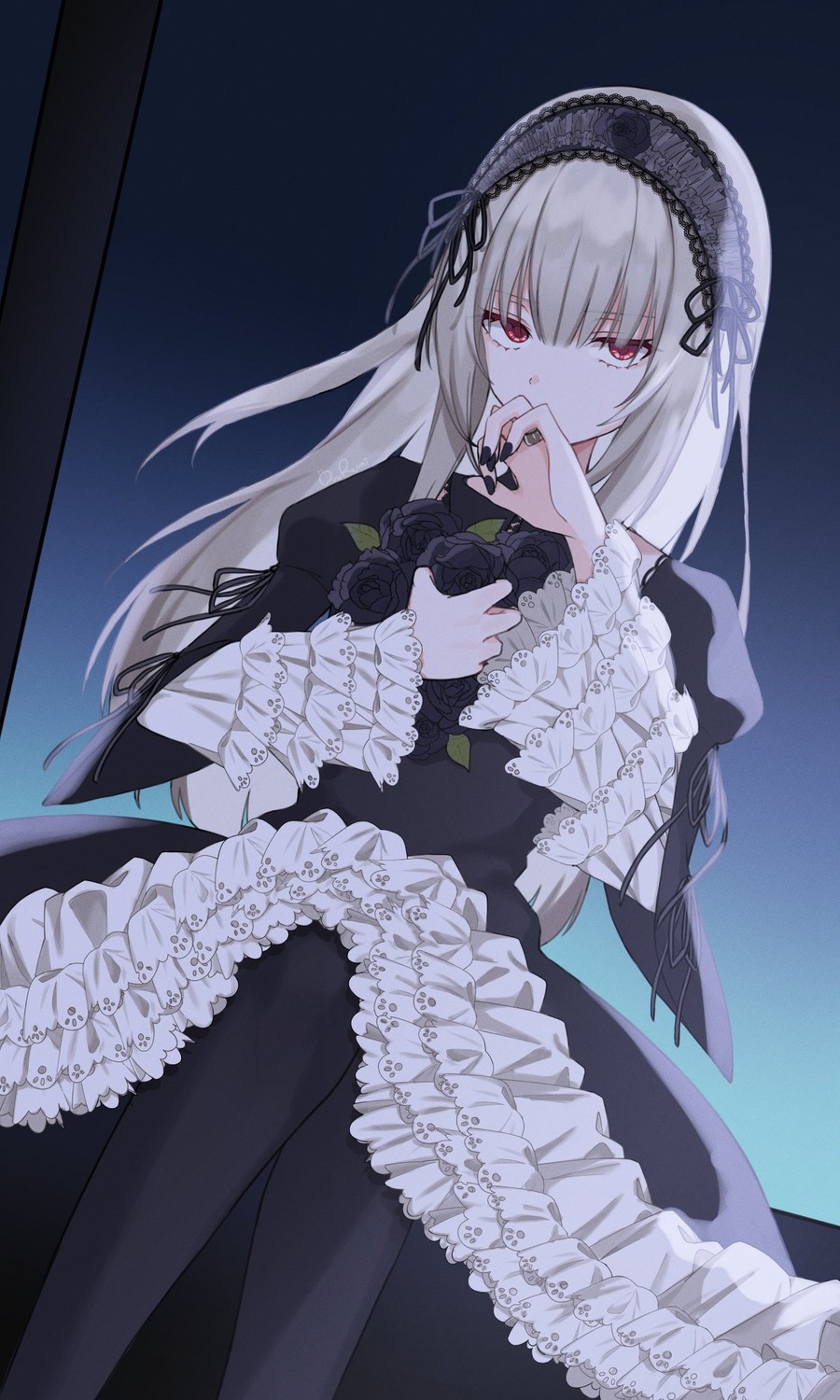 1girl bangs black_dress black_feathers black_footwear black_legwear black_nails black_rose blue_background dress frills gothic gothic_lolita hairband hands_on_own_face lolita_fashion long_hair long_sleeves looking_at_viewer looking_to_the_side pantyhose red_eyes ribbon rose rozen_maiden silver_hair sitting solo suigintou wide_sleeves