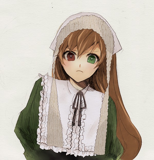 1girl bangs black_ribbon brown_hair closed_mouth dress frills green_dress green_eyes head_scarf heterochromia image long_hair long_sleeves looking_at_viewer red_eyes ribbon simple_background solo suiseiseki upper_body