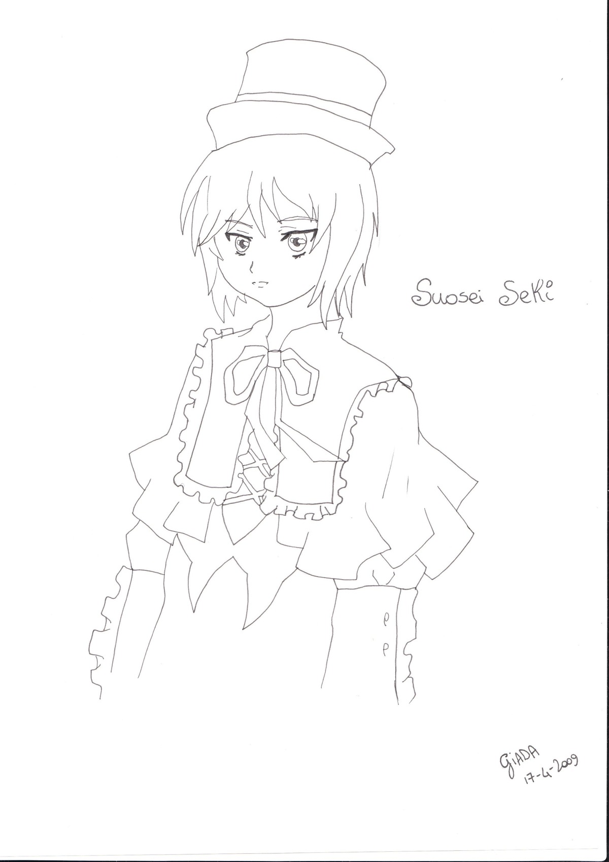 1girl capelet dated greyscale hat image long_sleeves monochrome short_hair solo souseiseki striped striped_background top_hat vertical_stripes
