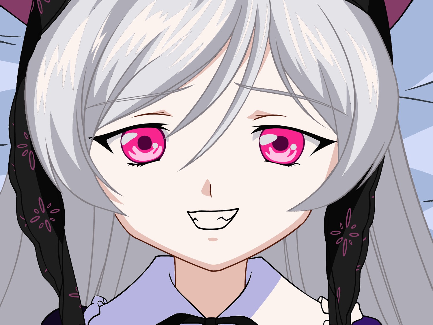 1girl bangs black_ribbon costume_switch eyebrows_visible_through_hair grey_hair image long_hair looking_at_viewer ribbon silver_hair smile solo