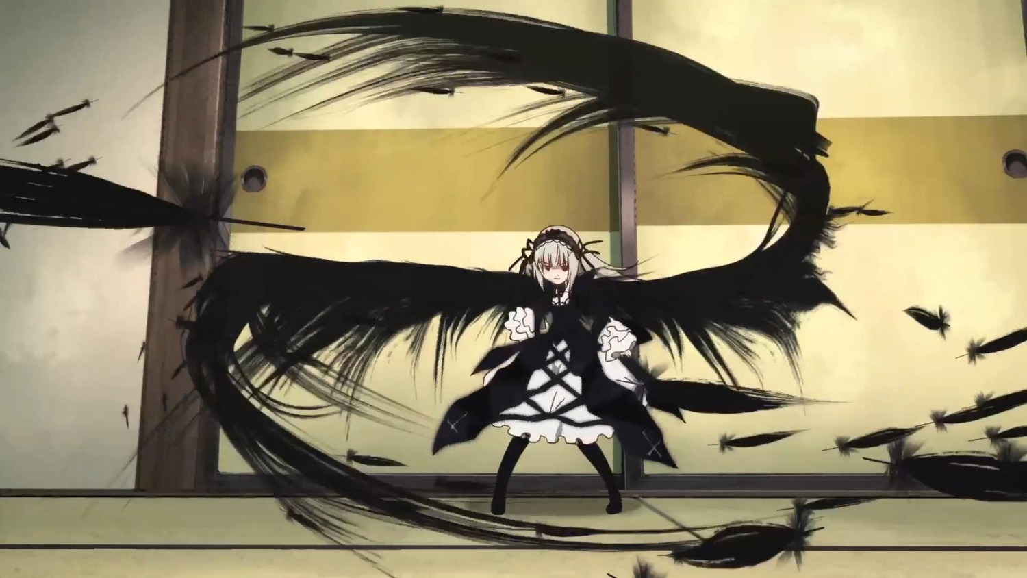 1girl bird black_wings boots dress feathers holding image juliet_sleeves long_sleeves solo suigintou weapon wings