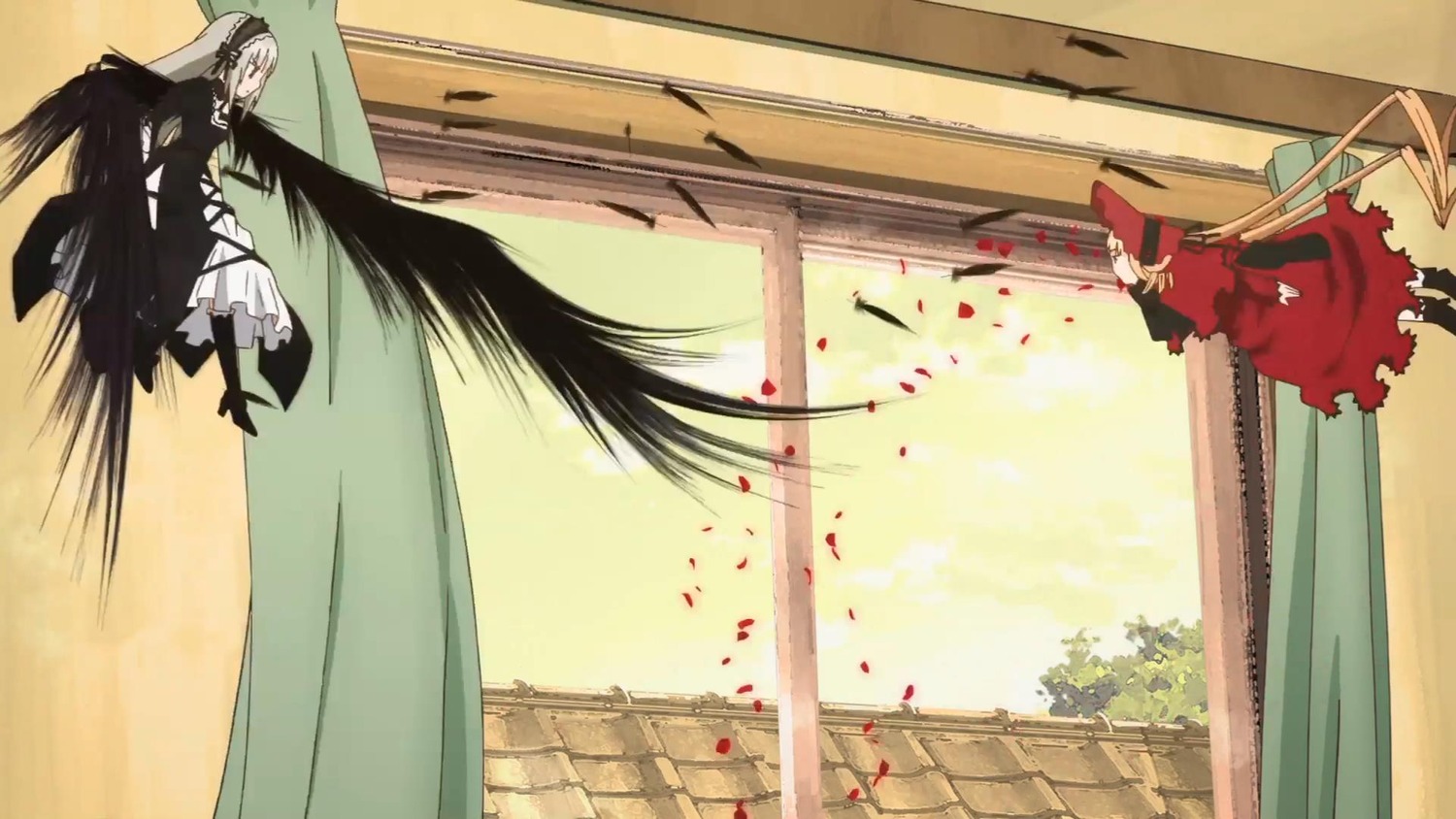 2girls cape dress image long_hair multiple_girls pair shinku suigintou sword very_long_hair weapon wings