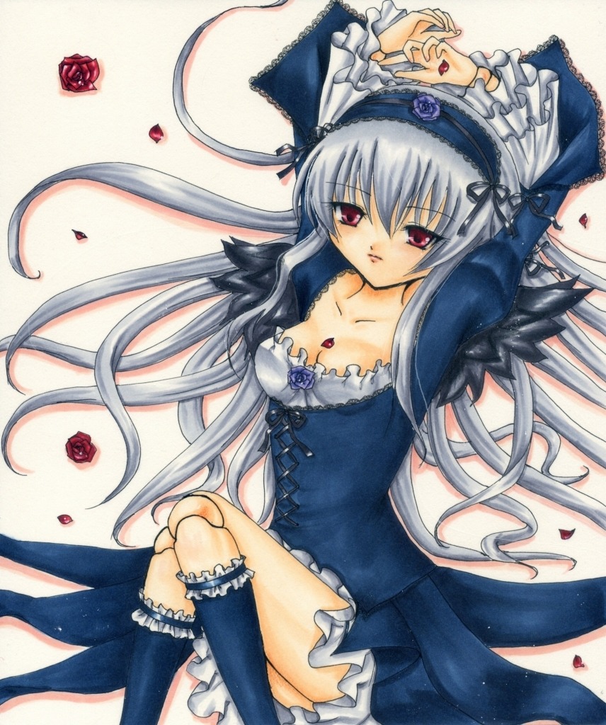 1girl breasts cleavage dress flower frills hairband image long_hair long_sleeves marker_(medium) medium_breasts petals red_eyes ribbon rose rose_petals sample silver_hair solo suigintou traditional_media very_long_hair wings