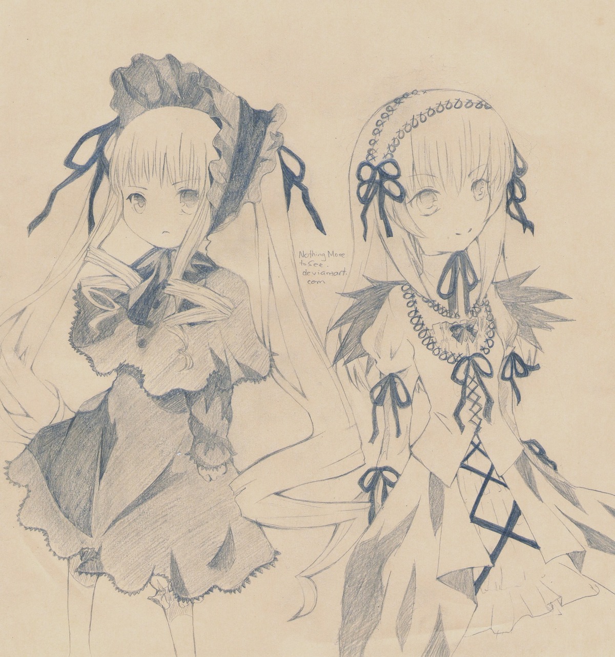 1girl dress frills hairband image long_hair long_sleeves looking_at_viewer monochrome pair ribbon shinku simple_background suigintou traditional_media wings