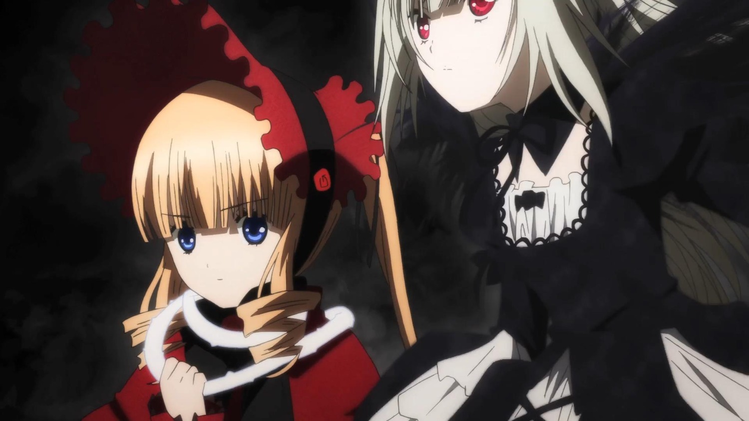 2girls blonde_hair blue_eyes bonnet bow dress drill_hair image long_hair long_sleeves multiple_girls pair red_eyes shinku silver_hair suigintou umbrella
