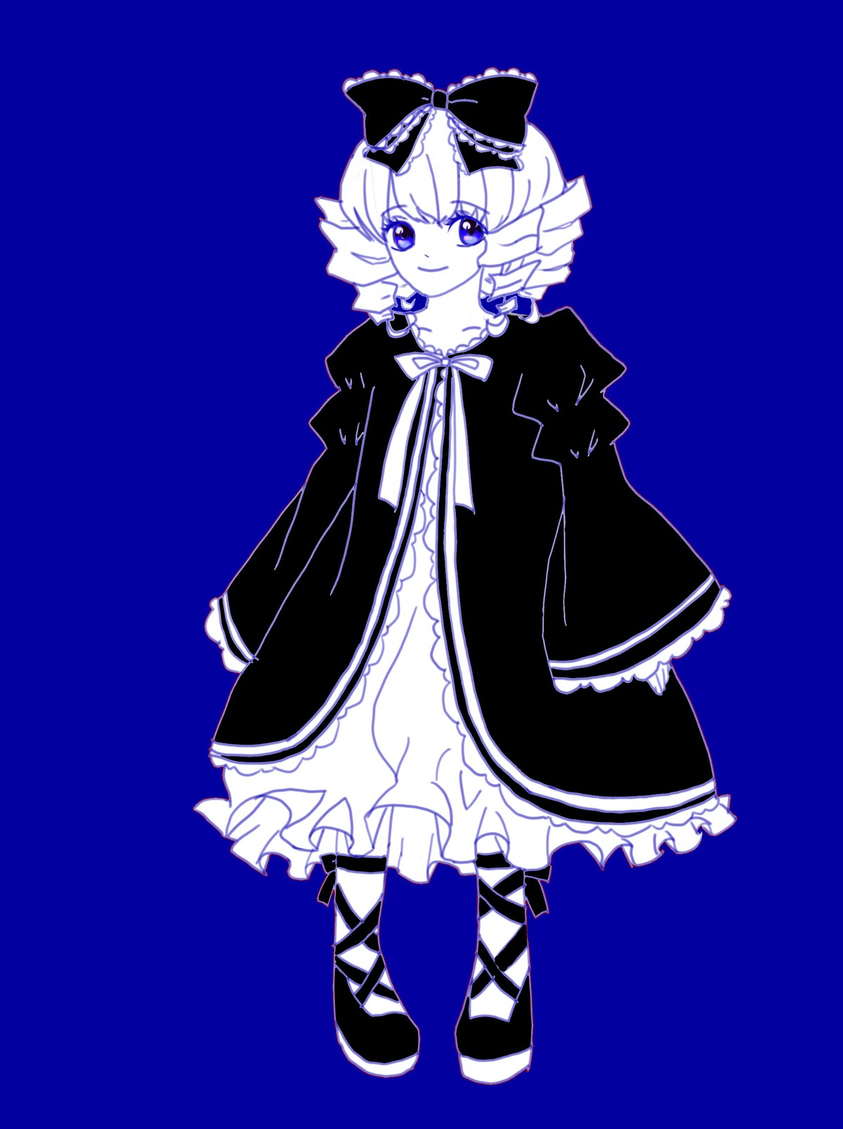 1girl blue_background blue_theme bow dress drill_hair frilled_dress frills full_body hair_bow hinaichigo image long_sleeves looking_at_viewer monochrome ribbon simple_background smile solo