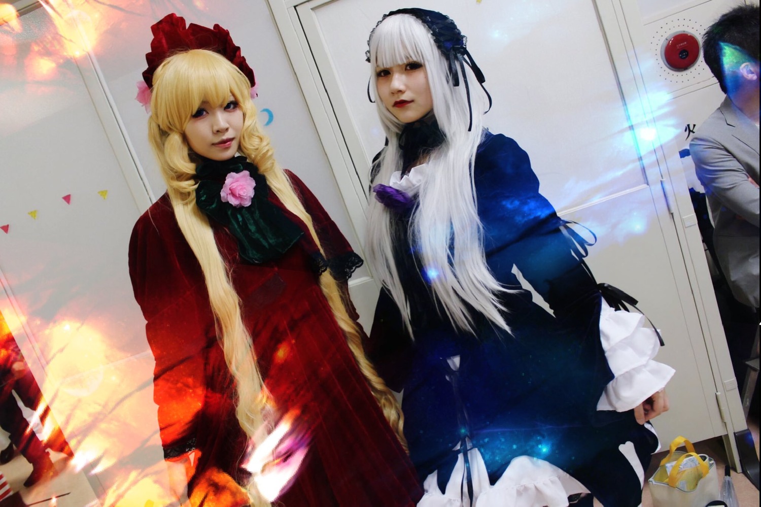 2girls blonde_hair blue_eyes dress flower lips long_hair multiple_cosplay multiple_girls photo realistic red_dress shinku silver_hair suigintou tagme