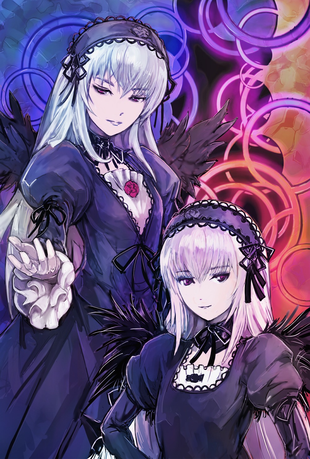 2girls black_wings dress dual_persona flower frills hairband image juliet_sleeves long_hair long_sleeves looking_at_viewer multiple_girls pink_eyes puffy_sleeves red_eyes silver_hair smile solo suigintou wings
