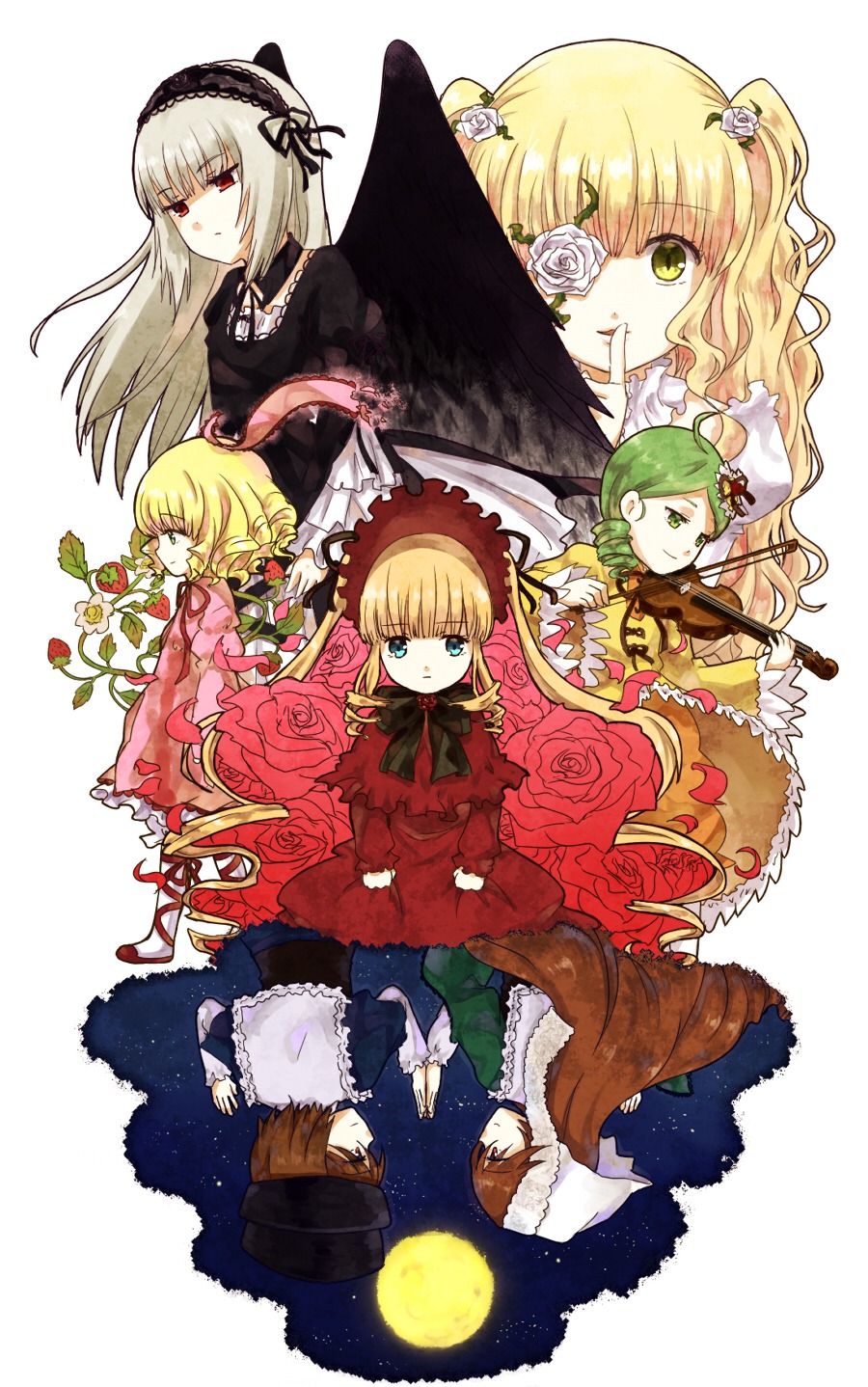 6+girls blonde_hair blue_eyes bonnet bow brown_hair dress flower frills green_hair hat hina_ichigo image kanaria long_hair multiple multiple_girls pink_bow pipe red_eyes rose shinku short_hair siblings silver_hair smile souseiseki suigintou suiseiseki tagme wings