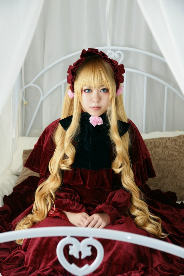 1girl blonde_hair blue_eyes dress flower lips long_hair long_sleeves looking_at_viewer red_dress rose shinku sitting solo very_long_hair