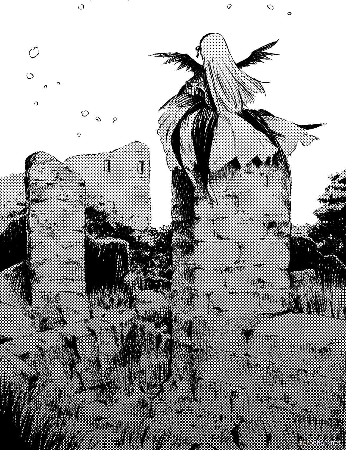 1girl feathered_wings fence greyscale halftone halftone_background head_wings highres image long_hair monochrome polka_dot polka_dot_background polka_dot_panties rozen_maiden ruins sitting skirt solo suigintou toshi_hiroshi wings