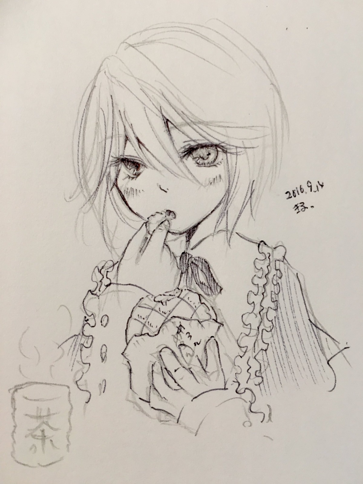 1girl artist_name bangs dated eyebrows_visible_through_hair frilled_shirt_collar frills greyscale hair_between_eyes image long_sleeves looking_at_viewer monochrome photo short_hair signature sketch solo souseiseki traditional_media upper_body