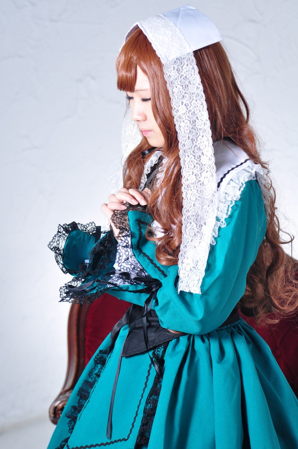 1girl blue_dress brown_hair closed_eyes closed_mouth dress eyelashes green_dress lace long_hair long_sleeves nail_polish profile solo suiseiseki