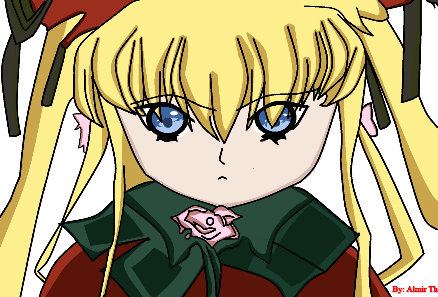 1girl bangs blonde_hair blue_eyes eyebrows_visible_through_hair hair_ribbon image long_hair looking_at_viewer parody ribbon rose shinku sidelocks simple_background solo twintails white_background