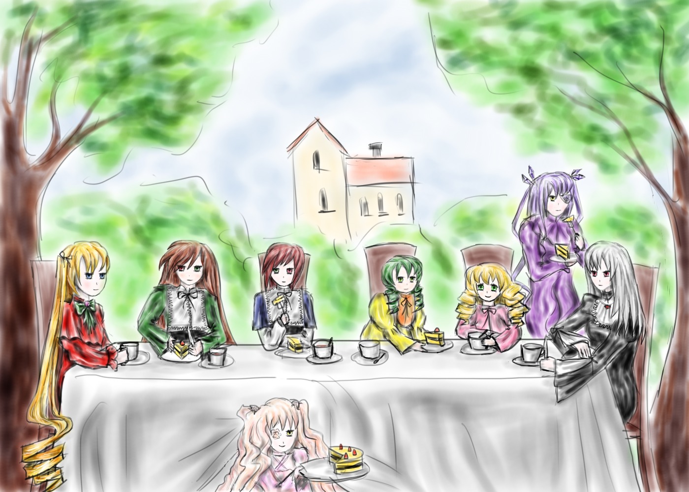 6+girls blonde_hair blue_eyes brown_hair dress drill_hair food green_eyes green_hair hair_ribbon hina_ichigo image kanaria long_hair multiple multiple_girls one_eye_closed shinku short_hair smile suigintou suiseiseki tagme tree twintails uniform very_long_hair