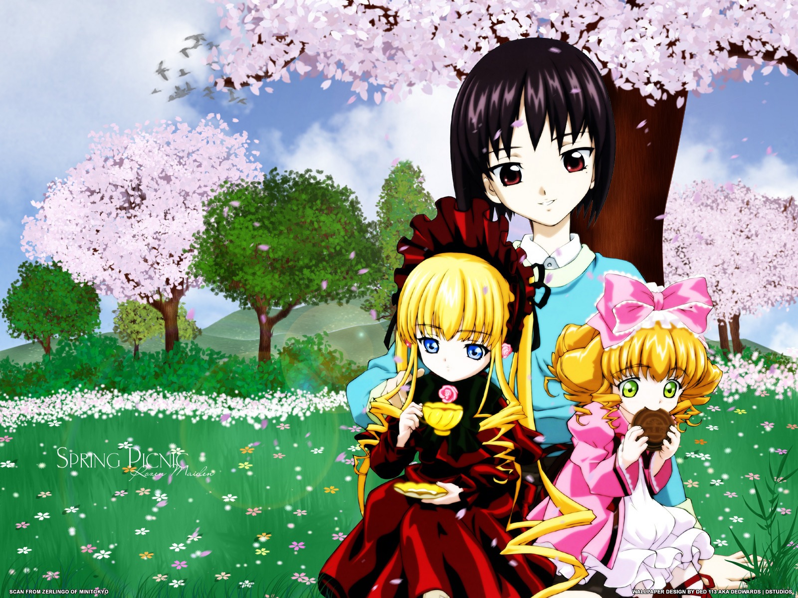 3girls bangs black_hair blonde_hair blue_eyes blue_sky blunt_bangs blush bow brown_eyes cherry_blossoms cloud copyright_name cup dango day dress drill_hair eating food frills grass green_eyes hair_bow hina_ichigo hinaichigo holding image juliet_sleeves kashiwaba_tomoe long_hair long_sleeves looking_at_viewer multiple_girls open_mouth outdoors pair petals picnic pink_bow pink_dress pink_flower pink_ribbon puffy_sleeves red_dress red_eyes ribbon sanshoku_dango shinku shirt short_hair sidelocks sitting sky smile spring_(season) tree wagashi watermark