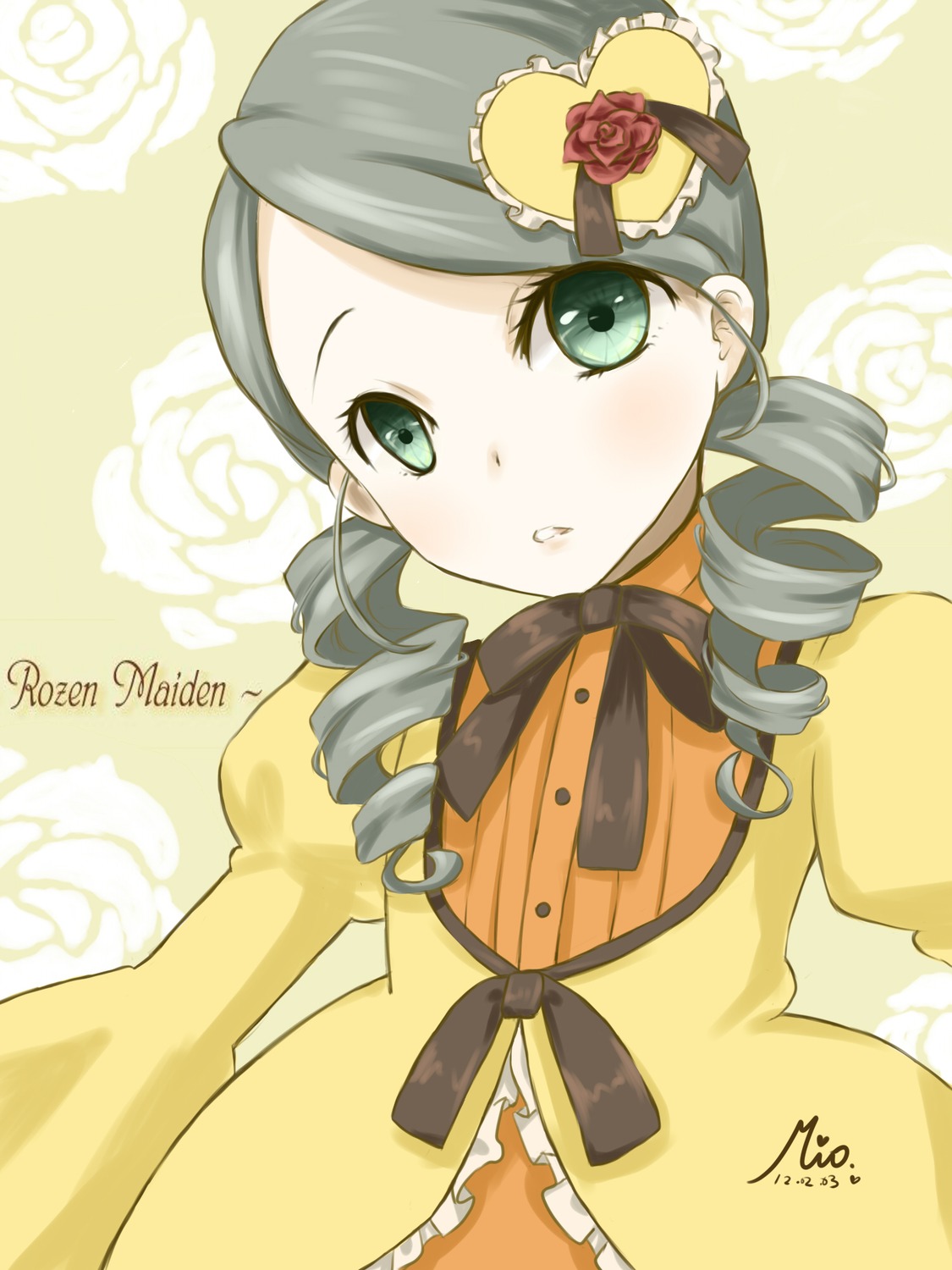 1girl drill_hair flower heart image kanaria long_sleeves looking_at_viewer pink_rose ribbon rose signature solo twin_drills upper_body white_flower white_rose yellow_rose
