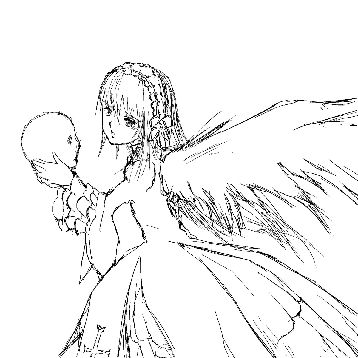 1girl dress frills greyscale hairband image lolita_hairband long_sleeves looking_at_viewer looking_back monochrome simple_background solo suigintou white_background wings