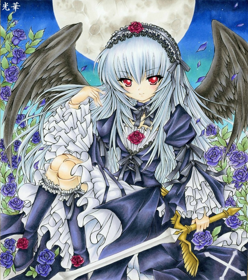 1girl black_rose black_wings blue_flower blue_rose dress flower frills full_moon gothic_lolita image lolita_fashion long_hair marker_(medium) moon night petals pink_flower pink_rose purple_flower purple_rose red_eyes red_flower red_rose rose rose_petals silver_hair smile solo suigintou sword thorns traditional_media weapon wings yellow_rose