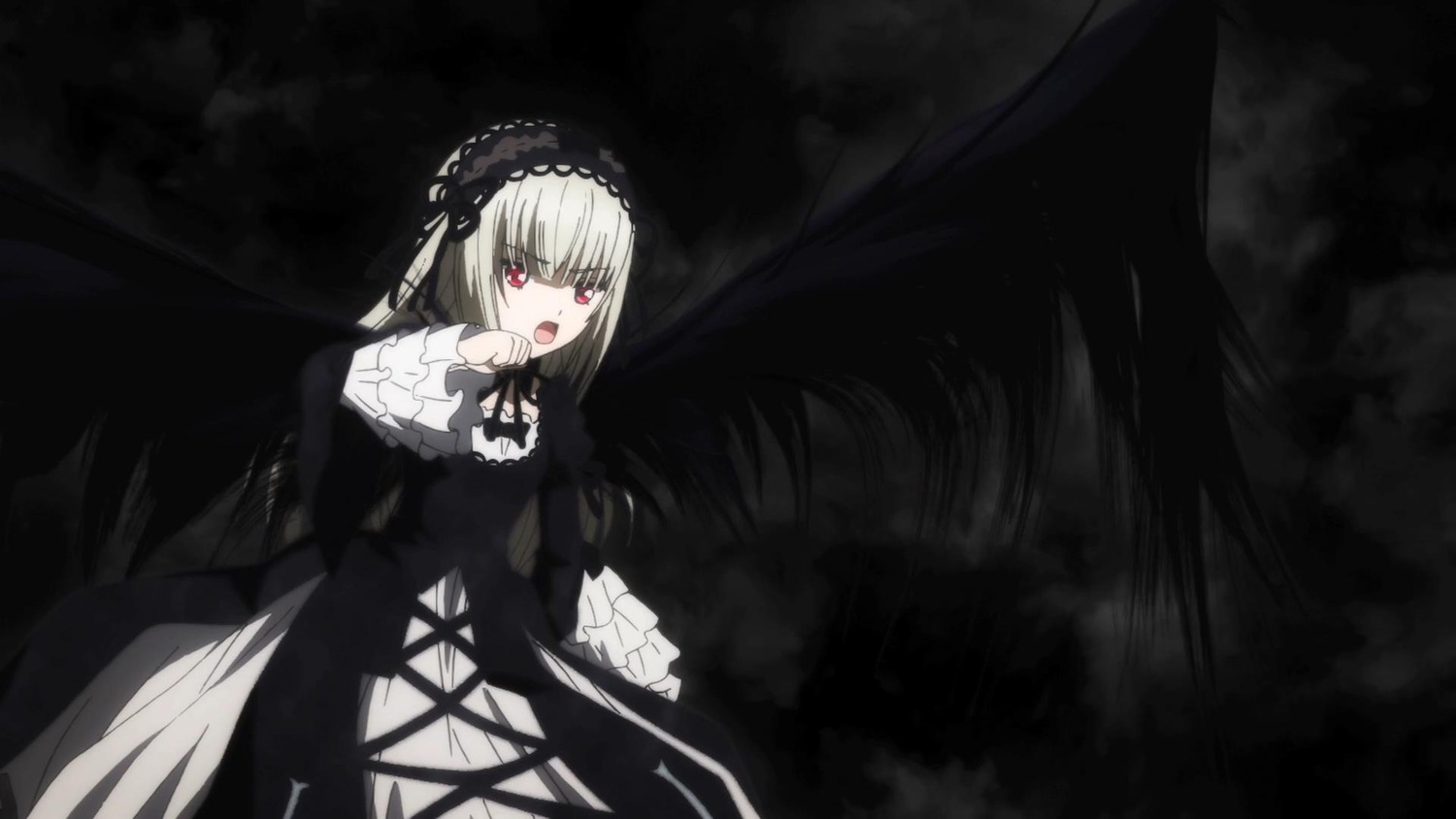 1girl black_dress black_ribbon black_wings dress flower frills hairband image lolita_fashion long_hair long_sleeves looking_at_viewer open_mouth red_eyes ribbon rose silver_hair solo suigintou wings