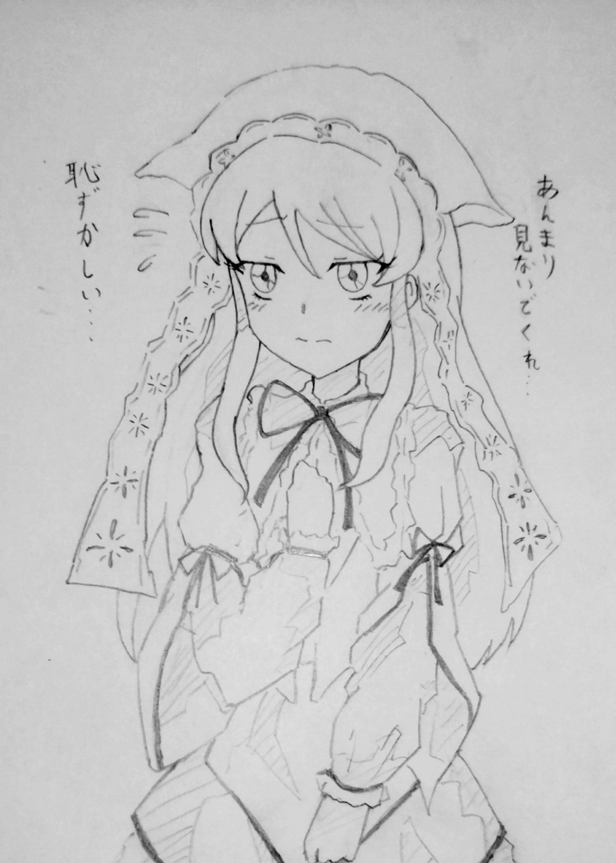 1girl blush dress flying_sweatdrops image long_hair long_sleeves maid maid_headdress monochrome solo suiseiseki traditional_media
