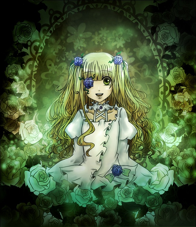 1girl black_flower black_rose blonde_hair blue_flower blue_rose cross dress eyepatch flower green_flower hair_flower hair_ornament image kirakishou long_hair pink_rose plant purple_rose red_rose rose rose_petals solo thorns two_side_up vines white_flower white_rose yellow_flower yellow_rose