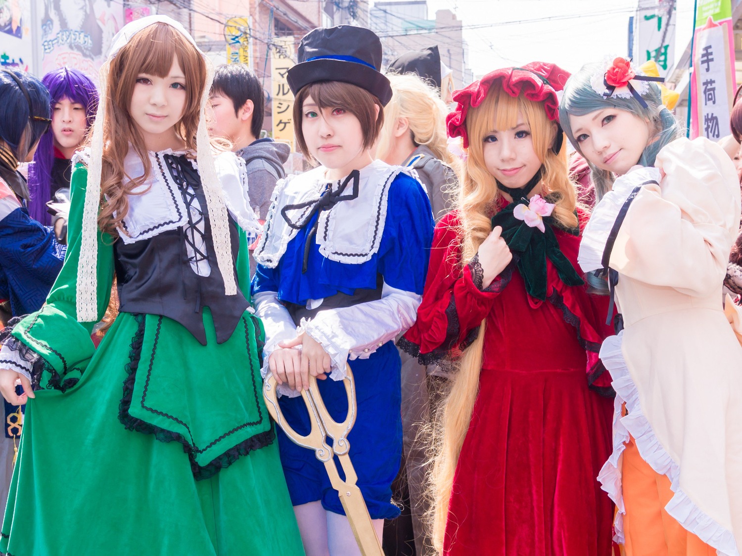 4girls 6+boys 6+girls blonde_hair blue_eyes brown_hair closed_eyes dress frills hat long_hair long_sleeves looking_at_viewer multiple_boys multiple_cosplay multiple_girls purple_hair realistic smile tagme