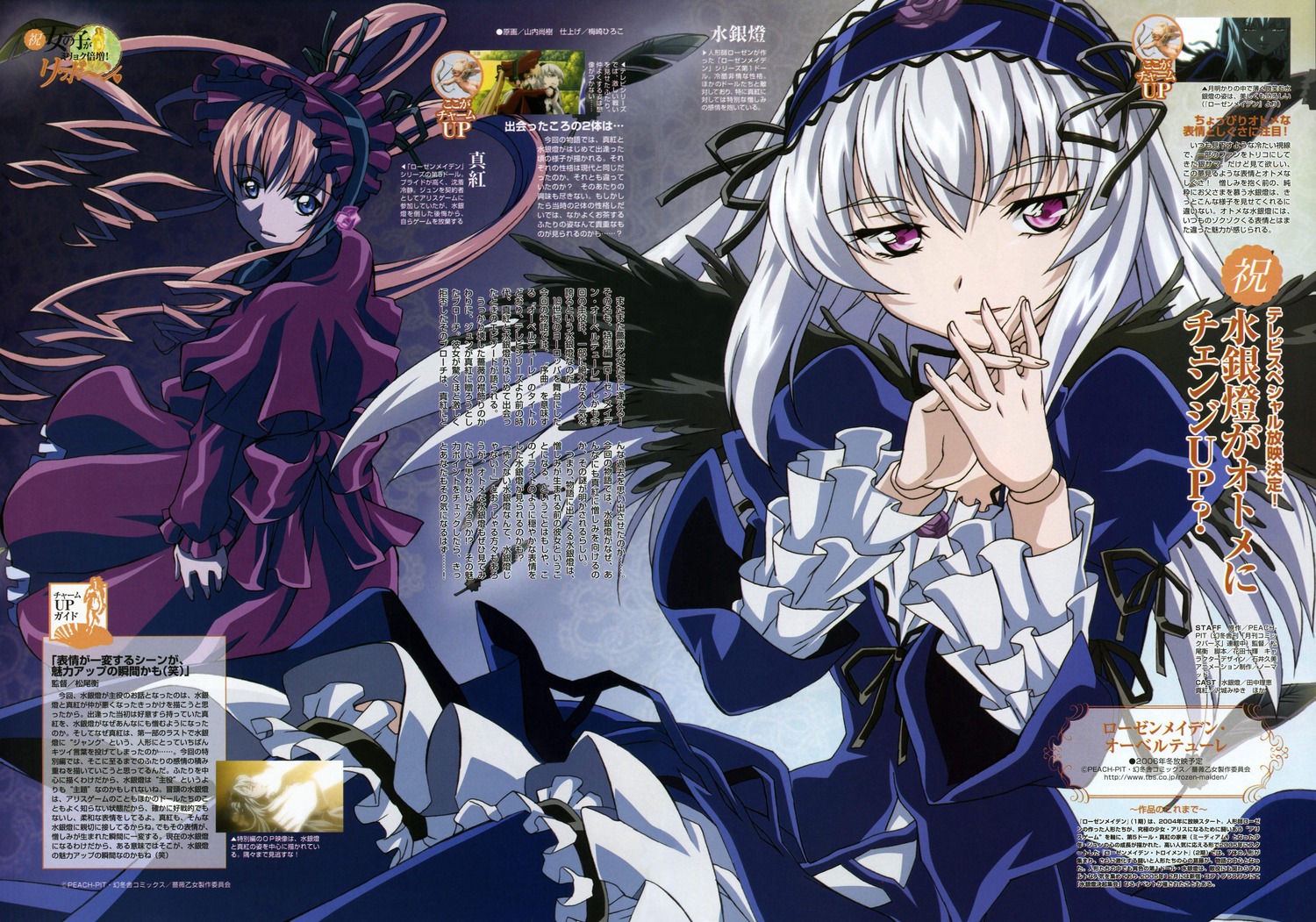 2girls blue_eyes dress frills hairband image lolita_hairband long_hair long_sleeves looking_at_viewer multiple_girls pair purple_eyes ribbon shinku silver_hair suigintou text_focus wings