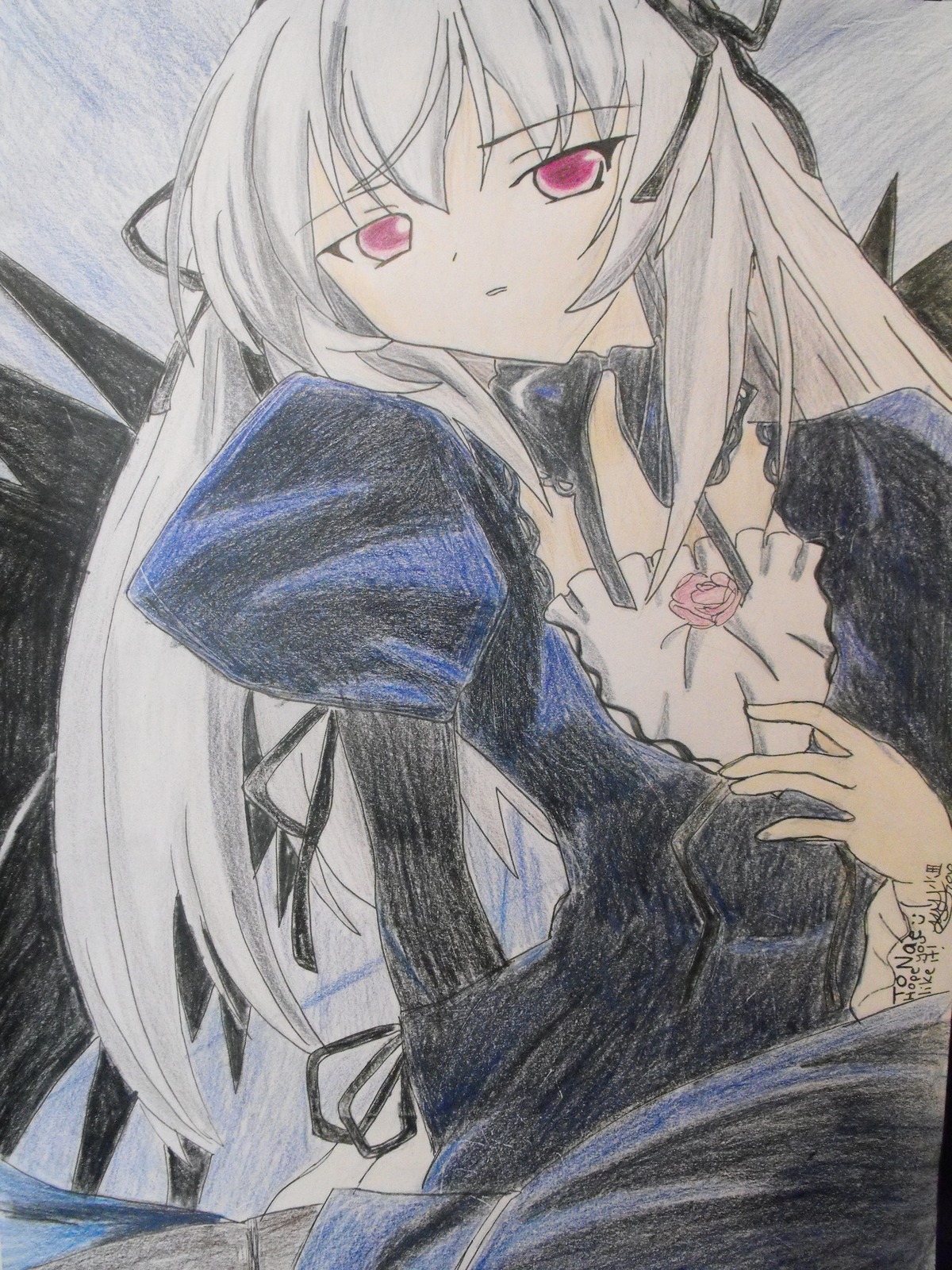 1girl black_dress black_ribbon black_wings dress flower frills hairband image juliet_sleeves long_hair long_sleeves looking_at_viewer millipen_(medium) pink_eyes puffy_sleeves ribbon rose shikishi solo suigintou traditional_media upper_body watercolor_(medium) wings